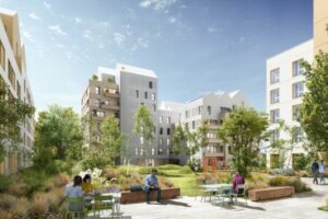 Perspective extérieur des Magasins Généraux qui montre aussi la future vie de quartier